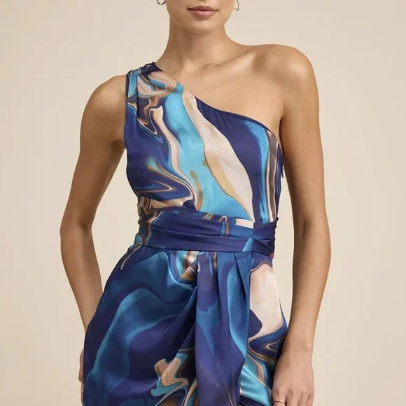NWT Lulus Rhema Blue Multi Abstract Print Satin Midi Dress - Picture 2 of 6
